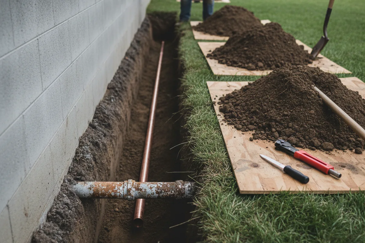 Excavated water line trench during Water Heater Repair in Blue Point